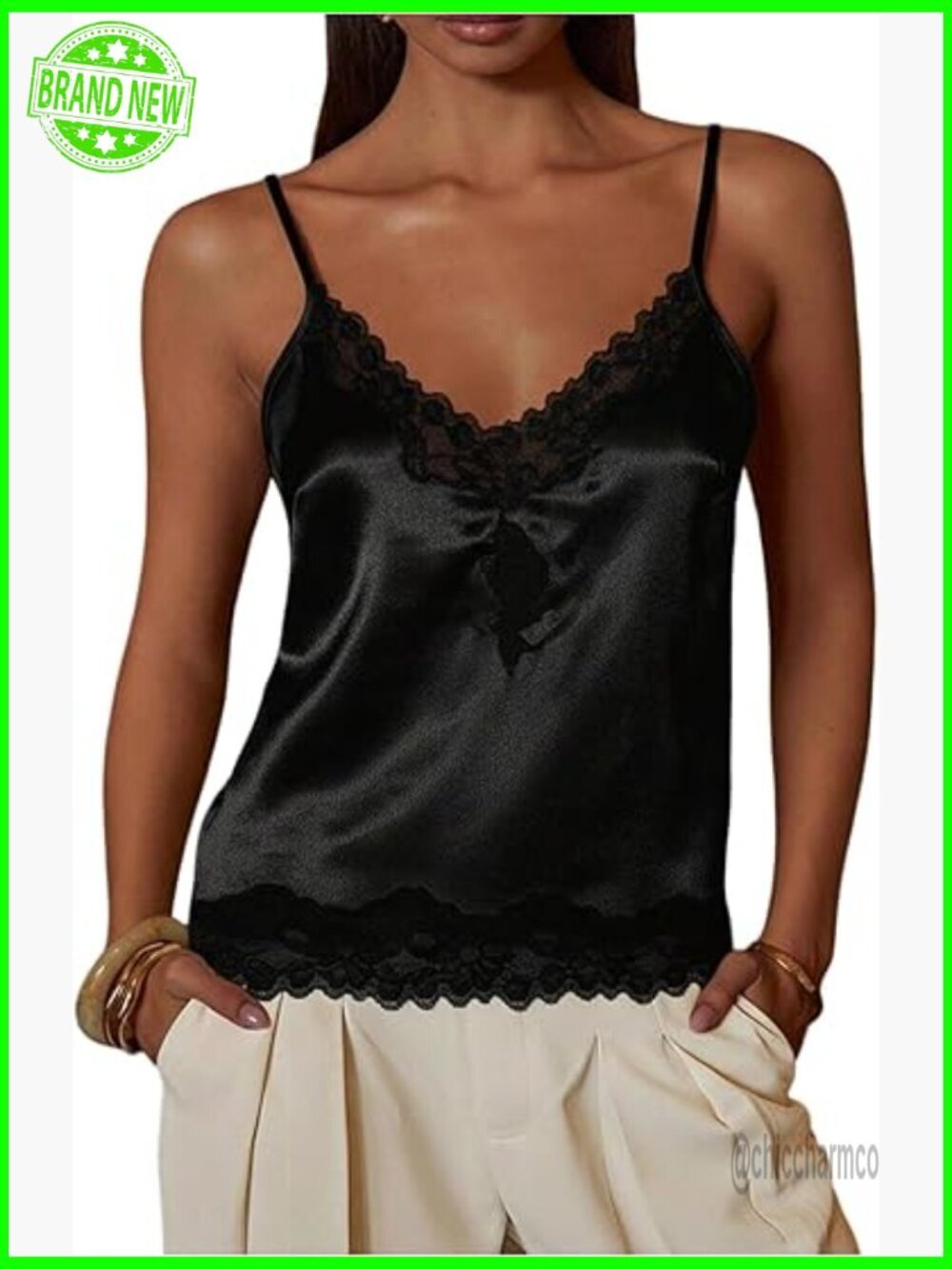 Satin Lace Camisole Top V Neck Spaghetti Strap Going Out Cami